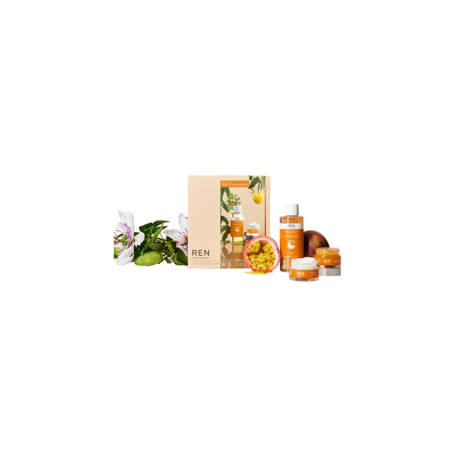 REN GENTLE GLOW HEROES Ready Steady Glow Daily AHA Tonic 100ml, Glycol Lactic Radiance Renewal Mask 15ml, Overnight Glow Dark Spot Sleeping Cream 15ml